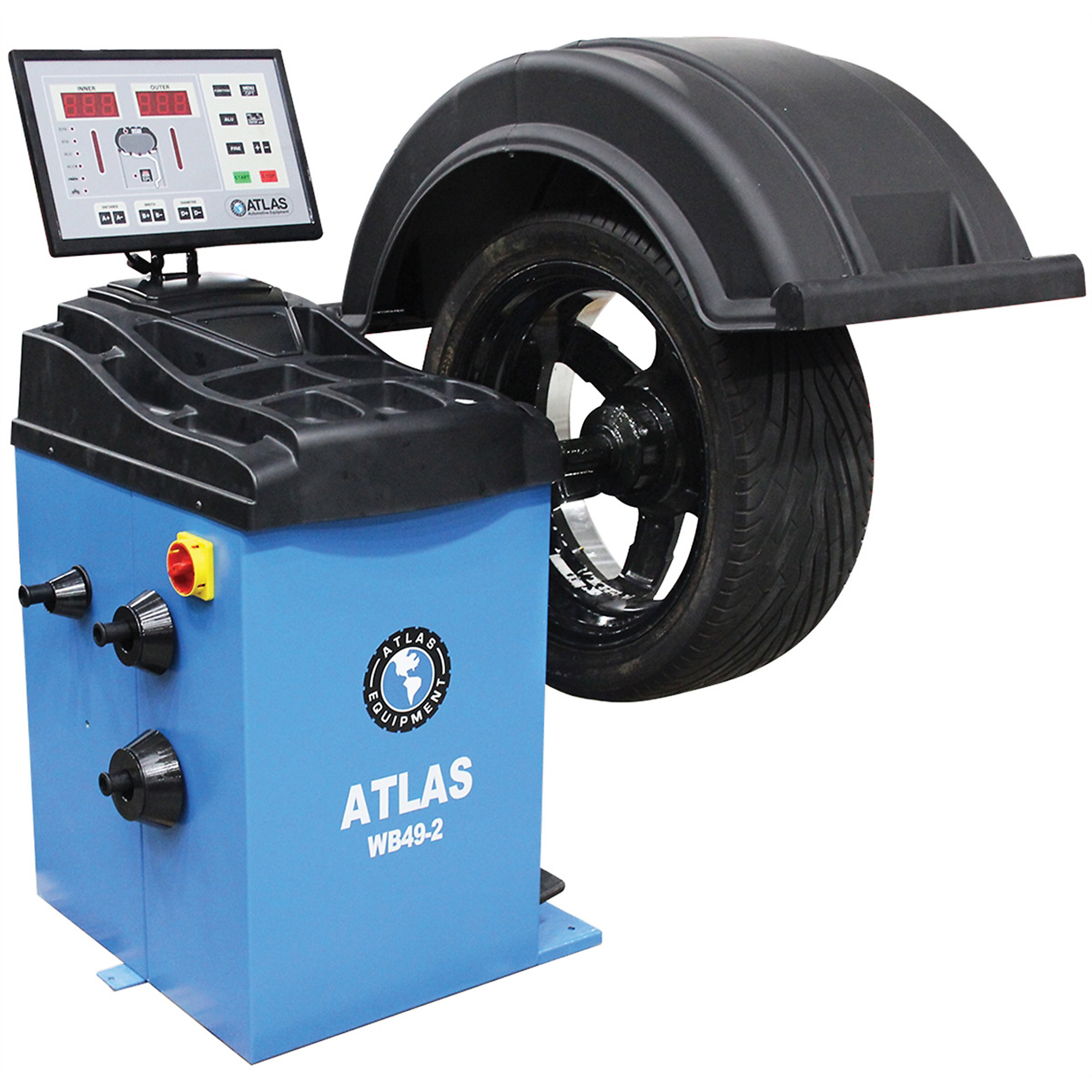 Atlas Automotive Equipment WB49-2 Wheel Balancer, Automatic 2D Entry, Raised LED, Split-Weight, Self-Diagnosing, Handles 32-Inch Wheels, 150 lbs., Static/Dynamic, Tool Set, Quick Nut
